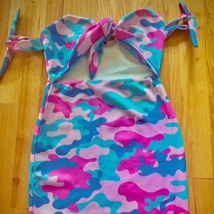 Pink/Blue Camouflaged Tie-Front Mini Dress
